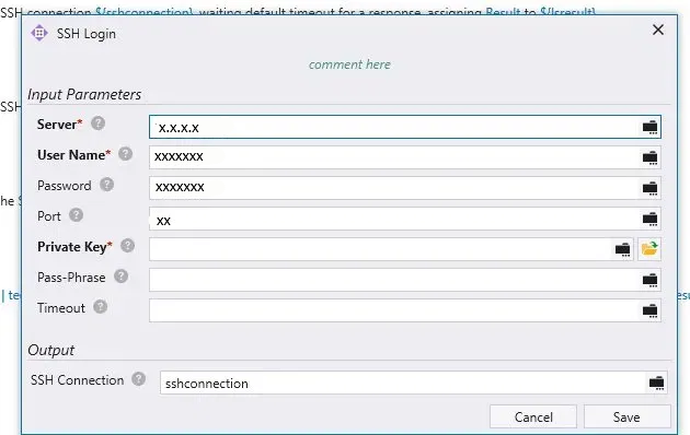 Screenshot showing IBM RPA Studio SSH Login command configuration.  Input Parameters: Server (hidden), Username (hidden), Password (hidden),  Port (hidden), Private Key empty, Pass-Phrase empty, Timeout empty.  Output: SSH Connection variable named 